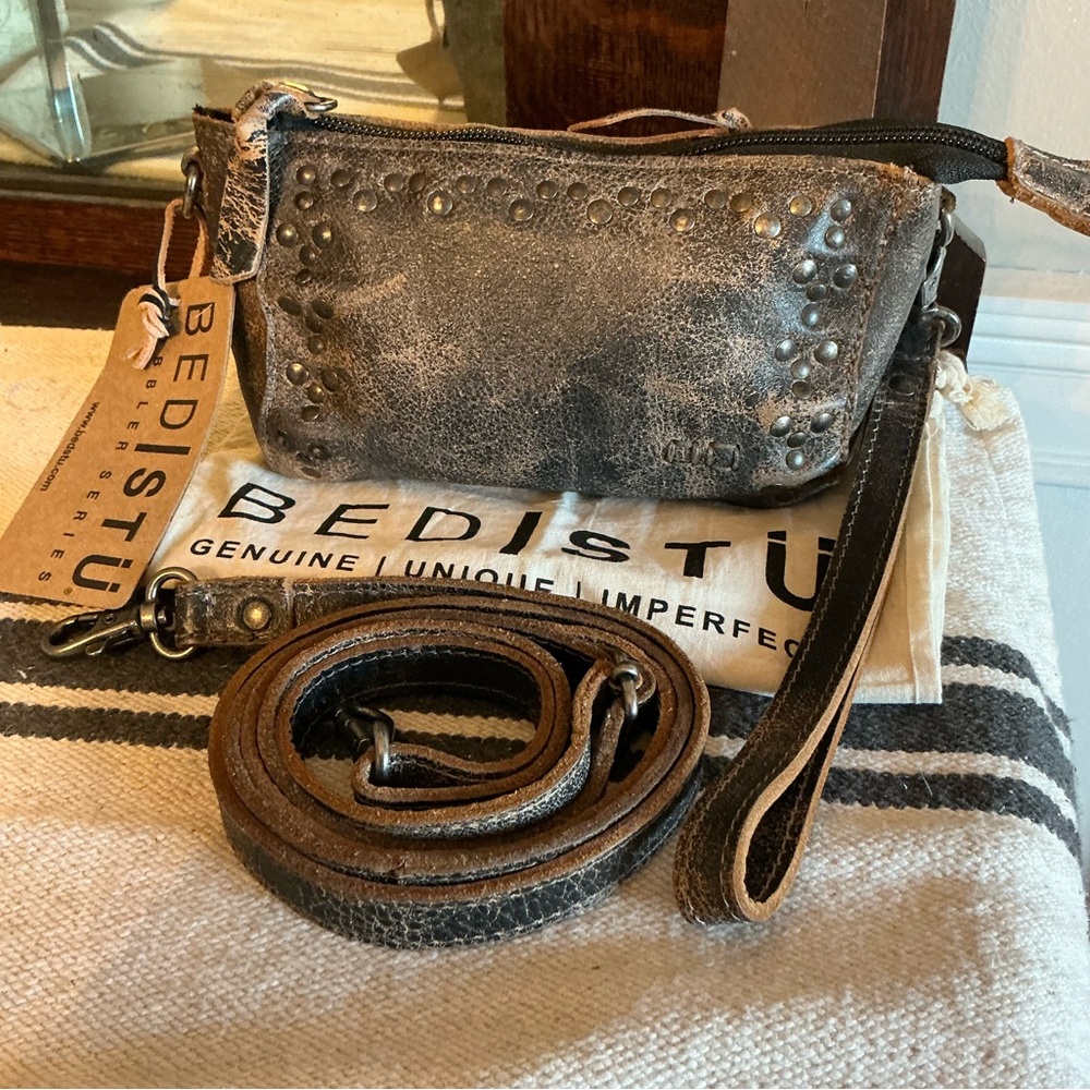 NWT Bed Stu Leather Studded Encase Crossbody Wristlet Belt Bag Black Lux $135 - Picture 10 of 13